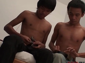 Asian twink gets tiedup and barebacked after blowing dick gay interracial asian porn